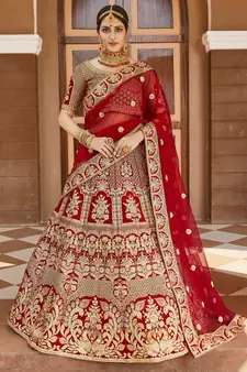 Stunning Red Heavy Hand Work & Embroidered Velvet Bridal Lehenga