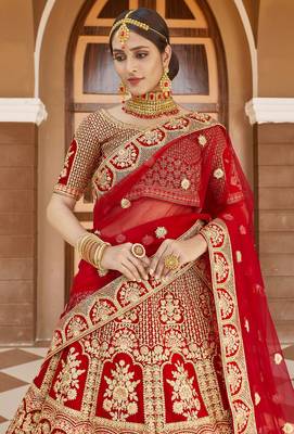 Mesmerizing Red Heavy Hand Work & Embroidered Velvet wedding Lehenga choli 2
