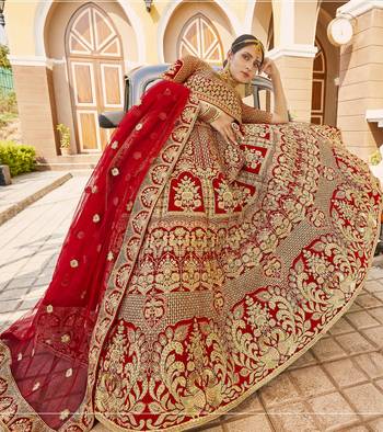 Mesmerizing Red Heavy Hand Work & Embroidered Velvet wedding Lehenga choli 3