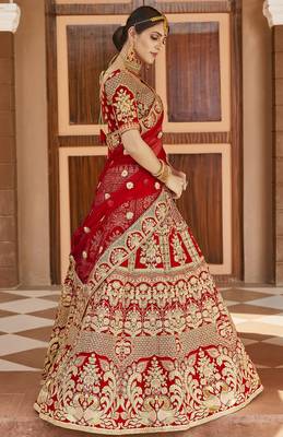 Mesmerizing Red Heavy Hand Work & Embroidered Velvet wedding Lehenga choli 4