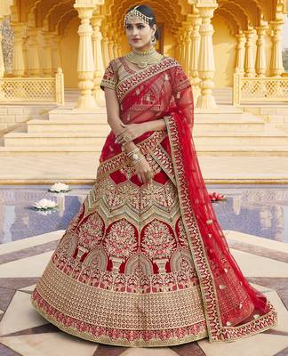 Mesmerizing Red Heavy Hand Work & Embroidered Velvet wedding Lehenga choli 1