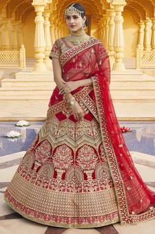 Stunning Red Heavy Hand Work & Embroidered Velvet Bridal Lehenga