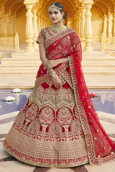 Stunning Red Heavy Hand Work & Embroidered Velvet Bridal Lehenga