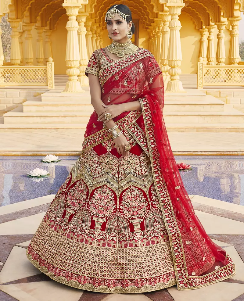 Stunning Red Heavy Hand Work & Embroidered Velvet Bridal Lehenga
