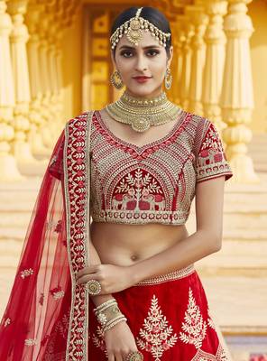 Mesmerizing Red Heavy Hand Work & Embroidered Velvet wedding Lehenga choli 2