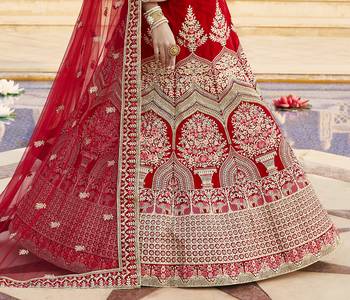 Mesmerizing Red Heavy Hand Work & Embroidered Velvet wedding Lehenga choli 5