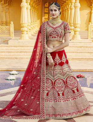 Mesmerizing Red Heavy Hand Work & Embroidered Velvet wedding Lehenga choli 6