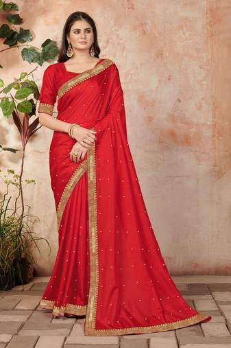 Red embroidered silk blend saree with blouse