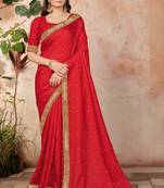 Red embroidered silk blend saree with blouse