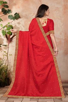 Red embroidered silk blend saree with blouse 2