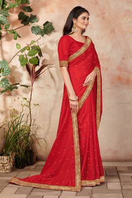 Red embroidered silk blend saree with blouse 3