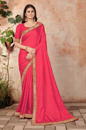 Pink embroidered silk blend saree with blouse