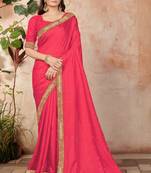Pink embroidered silk blend saree with blouse
