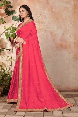 Pink embroidered silk blend saree with blouse 2