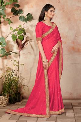 Pink embroidered silk blend saree with blouse 3