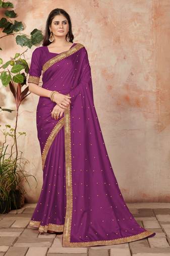 Purple embroidered silk blend saree with blouse