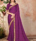 Purple embroidered silk blend saree with blouse