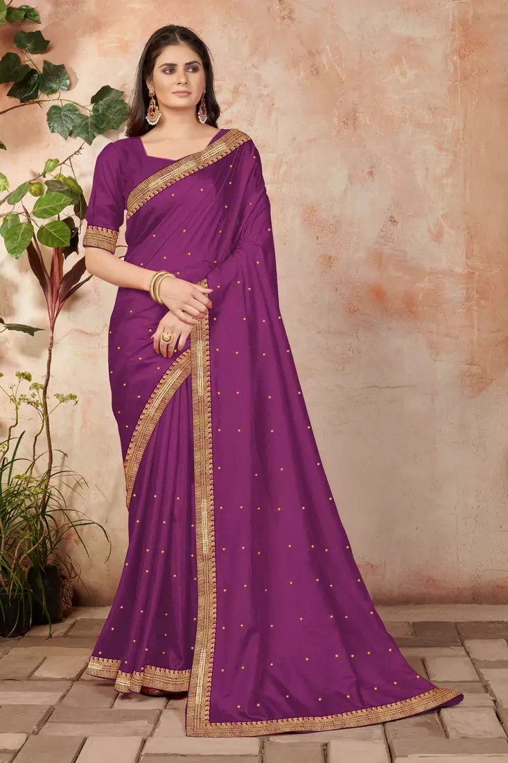 Purple embroidered silk blend saree with blouse