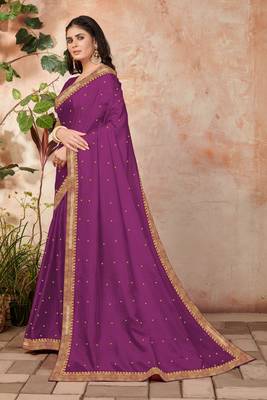 Purple Embroidered Silk Blend Saree With Blouse 2