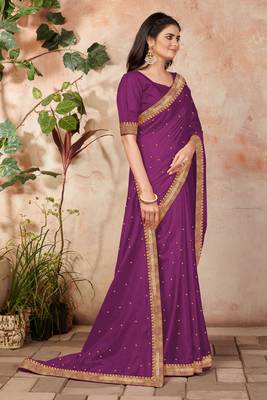 Purple Embroidered Silk Blend Saree With Blouse 3