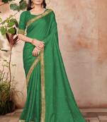 Green embroidered silk blend saree with blouse