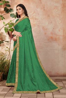Green embroidered silk blend saree with blouse 2