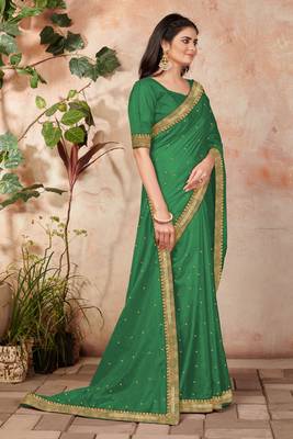 Green embroidered silk blend saree with blouse 3