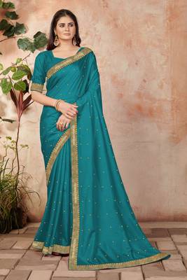 Dark Blue Embroidered Silk Blend Saree With Blouse 1