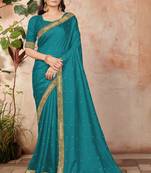 Dark Blue Embroidered Silk Blend Saree With Blouse
