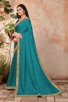 Dark Blue Embroidered Silk Blend Saree With Blouse 2