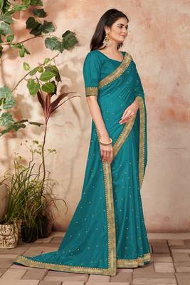 Dark Blue Embroidered Silk Blend Saree With Blouse 3