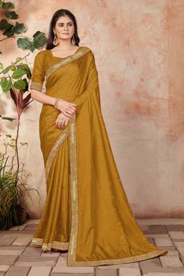 Mustard embroidered silk blend saree with blouse 1