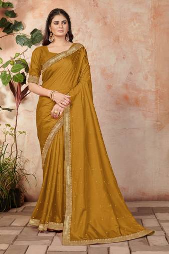 Mustard embroidered silk blend saree with blouse