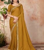 Mustard embroidered silk blend saree with blouse