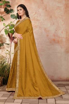 Mustard embroidered silk blend saree with blouse 2