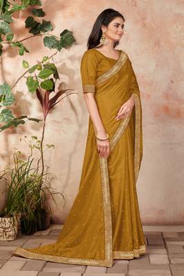 Mustard embroidered silk blend saree with blouse 3