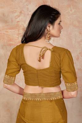 Mustard embroidered silk blend saree with blouse 5
