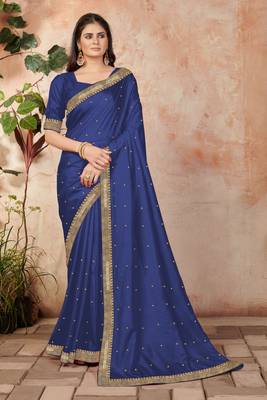 Dark Blue Embroidered Silk Blend Saree With Blouse 1