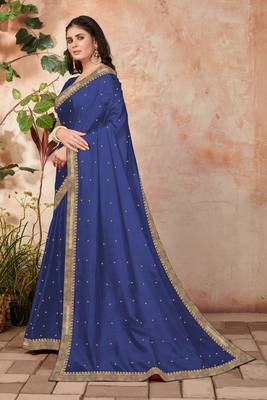 Dark Blue Embroidered Silk Blend Saree With Blouse 2