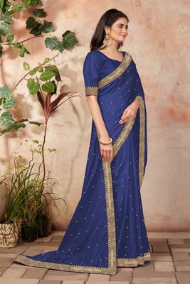 Dark Blue Embroidered Silk Blend Saree With Blouse 3