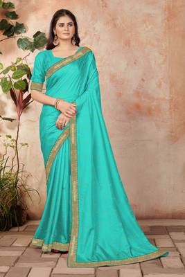 Turquoise embroidered silk blend saree with blouse 1