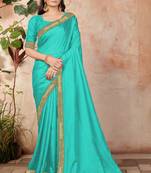 Turquoise embroidered silk blend saree with blouse