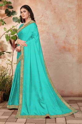 Turquoise embroidered silk blend saree with blouse 2