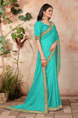 Turquoise embroidered silk blend saree with blouse 3