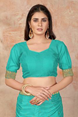 Turquoise embroidered silk blend saree with blouse 4