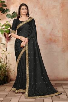Black embroidered silk blend saree with blouse