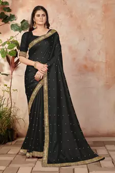 Black embroidered silk blend saree with blouse