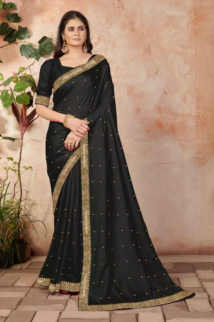 Black embroidered silk blend saree with blouse