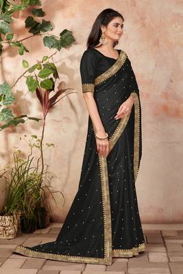 Black embroidered silk blend saree with blouse 3