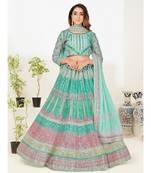 Turquoise Blue & Pink Embellished Semi-Stitched Lehenga & Unstitched Blouse with Dupatta